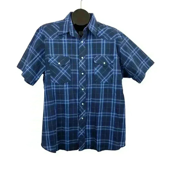 Rustler Blue Plaid Pearl Snap Western Shirt XL Short Sleeve X Long Tails - Picture 1 of 10